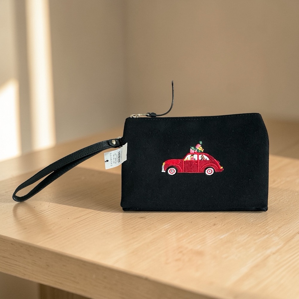 Talbots Christmas Wristlet Black Embroidered Red Car Holiday Clutch NWT 8x6